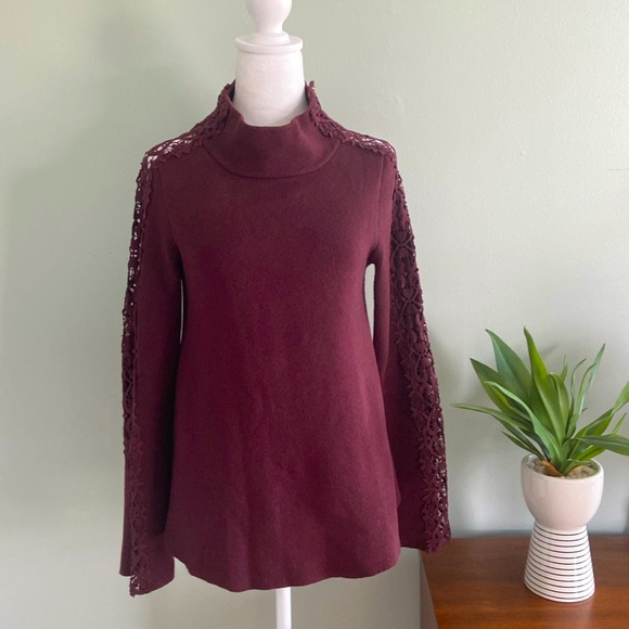 Anthropologie Deep Wine Colored Mock Neck Lace Detailed Sweater Size S - Picture 4 of 10